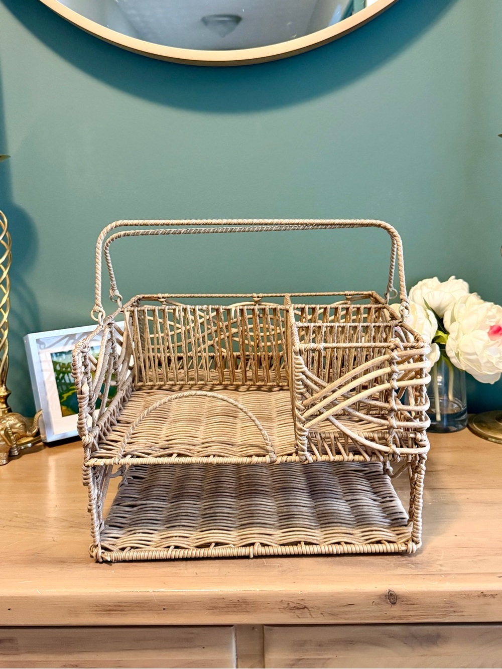 Woven Rattan Look Utensil Caddy Organizer Basket Tray Beige Boho